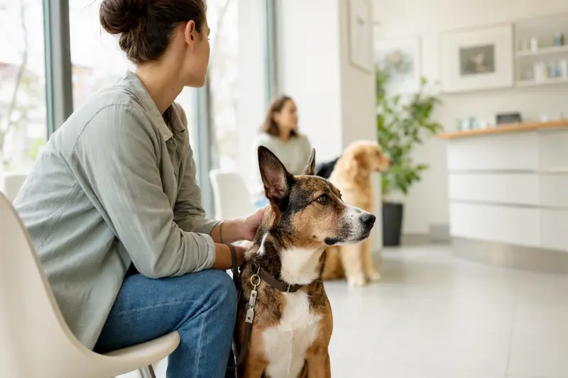 Ein Perro Bardino Majorero sitzt ruhig neben seinem Besitzer im hellen Wartezimmer einer modernen Tierarztpraxis.